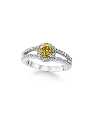 Pompeii3 3/4ct Color Enhanced Yellow Diamond Halo Split Shank Engagement Ring White Gold