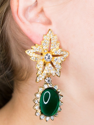 Gold Crystal Flower Top Emerald Cab Drop Clip Earrings