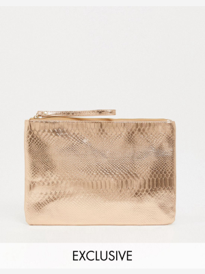 South Beach Exclusive Snake Embossed Clutch In Rose Gold Metallic