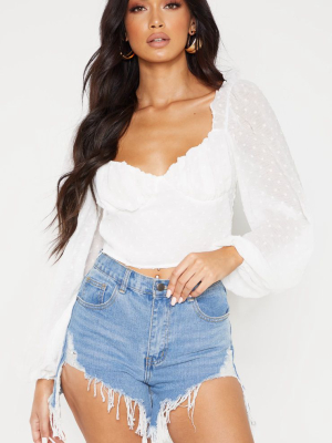 White Dobby Mesh Cup Detail Long Sleeve Crop Top