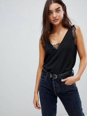 Asos Design Deep Plunge Lace Insert Camisole Tank