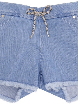 Chloé Kids Fringed Hem Drawstring Denim Shorts