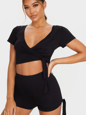 Black Basic Wrap Tie Front Pj Short Set