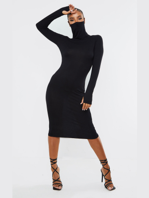 Black Jersey Long Sleeve Mask Midi Dress