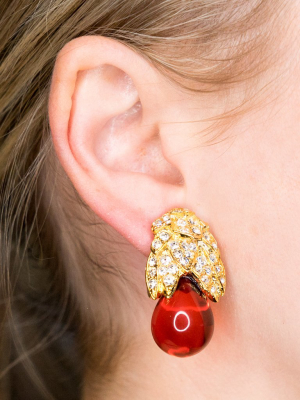 Gold, Rhinestone And Ruby Clip Earrings