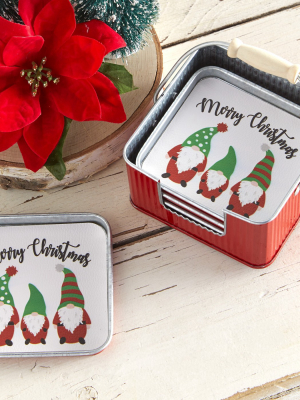 Lakeside Holiday Gnomes Drink And Beverage Container Coaster Sets - 4 Coasters And Tin