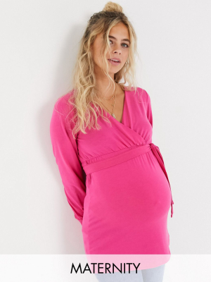 Mamalicious Maternity Wrap Top With Volume Sleeve In Pink