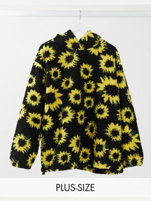 Daisy Street Plus Oversized Hoodie In Sunflower Print Teddy Fleece Co-ord