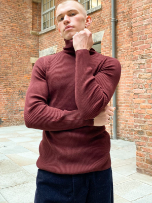 Asos Design Muscle Fit Ribbed Roll Neck Sweater In Burgundy