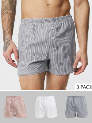 Asos Design 3 Pack Lounge Woven Boxer In Plain And Stripes Save