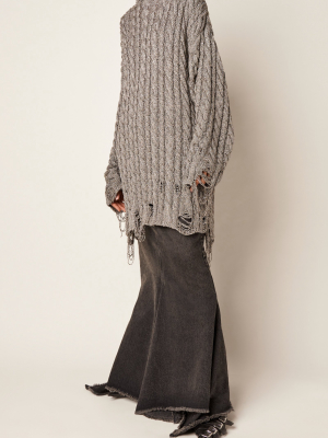 Distressed Cable Knit Turtleneck Sweater