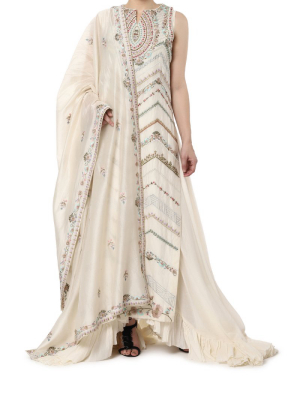 Embroidered Kurta With Asymmetrical Ruffled Slip