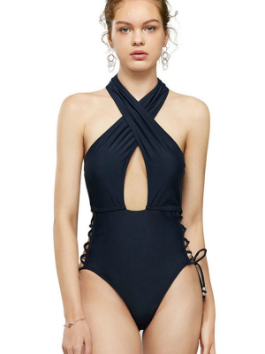 Backless Side Lace Up Cross Halter One Piece Swimsuit