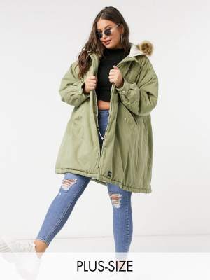 Sixth June Plus Oversized Parka Coat With Faux Fur Hood