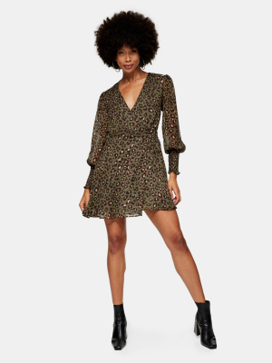 Animal Print Shirred Mini Wrap Dress