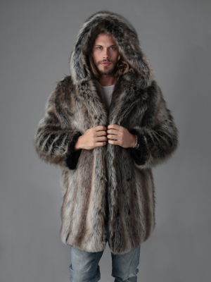 Grey Wolf Hooded Faux Fur Coat | Men's