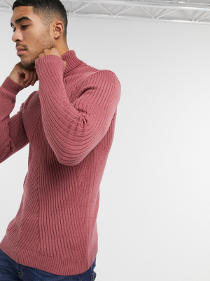 Asos Design Knit Mix Ribbed Pattern Turtle Neck Sweater In Pink