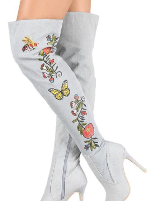 Mini110 Blue Over The Knee Floral Embroidery Boot