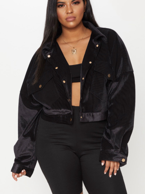 Plus Black Cropped Cord Oversized Trucker Jacket