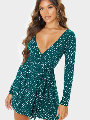 Emerald Green Polka Dot Print Wrap Long Sleeve...