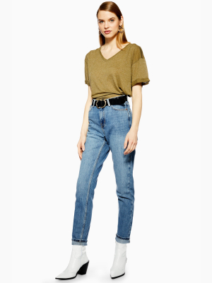 Petite Mid Blue Wash Mom Tapered Jeans