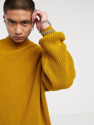 Asos Design Knitted Oversized Rib Turtleneck Sweater In Mustard