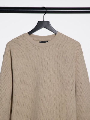 Asos Design Relaxed Long Sleeve T-shirt In Beige Textured Fabric