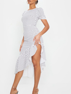 White Polka Dot Short Sleeve Frill Hem Midi Dress