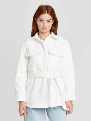 Women's Long Sleeve Belted Herringbone Shirt Jacket - Prologue™ White