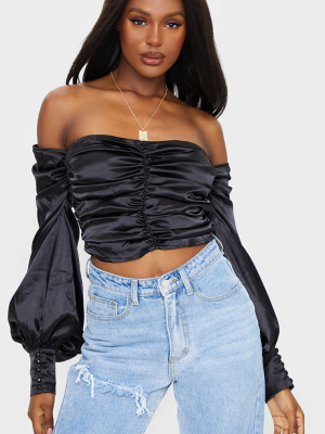 Tall Black Satin Ruched Long Sleeve Crop Top