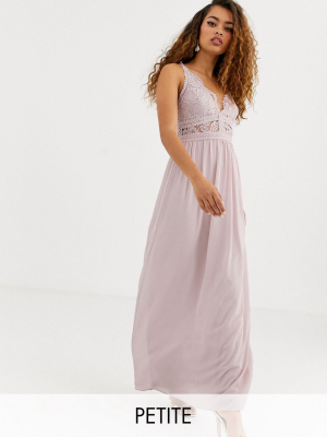 Tfnc Petite Bridesmaid Halter Neck Maxi Dress With Lace Inserts In Taupe