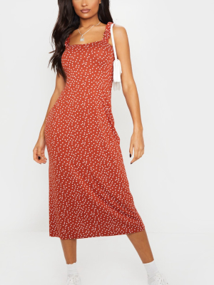 Terracotta Polka Dot Ruffle Strap Midi Dress