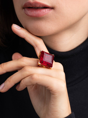 Polished Gold And Ruby Square Center Stone Ring