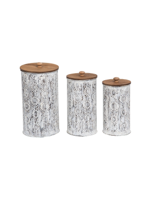 Set Of 3 Distressed Whitewashed Pattern Metal Decorative Storage Canisters - Foreside Home & Garden