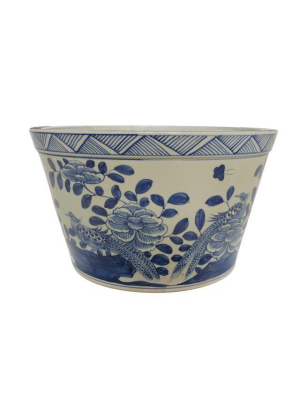 Basin Planter Flower Bird Motif, Blue And White