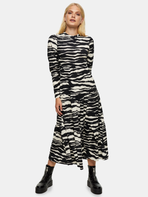 Black And White Tiered Animal Print Midi Dress