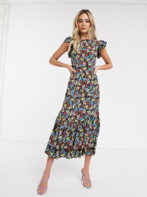 Never Fully Dressed Frill Shoulder Ruffle Hem Midaxi Dress In Multi Floral Print