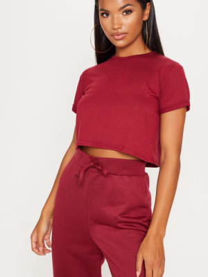 Basic Deep Burgundy Roll Sleeve Crop T Shirt