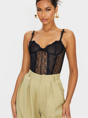 Black Lace Satin Panelled Crop Top