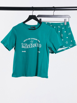 Asos Design Christmas Mistletoe Tee & Short Pajama Set In Green