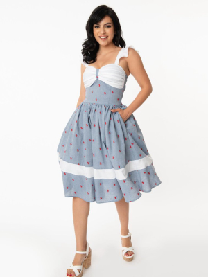 Unique Vintage Chambray & Cherry Print Lola Swing Dress