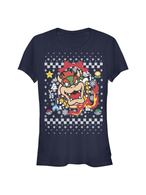 Junior's Nintendo Christmas Bowser Wreath T-shirt