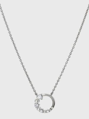 Silver Plated Graduated Cubic Zirconia And Pearl Circle Necklace - A New Day™ Silver