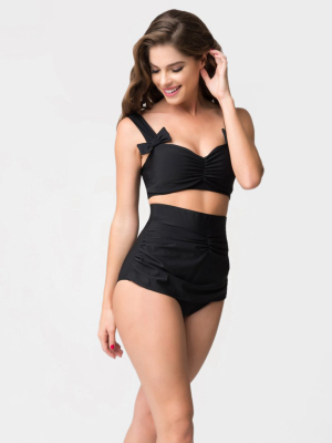 1950s Vintage Style Black Bows Swim Top