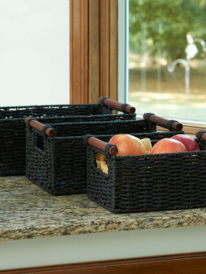 Household Essentials Set Of 3 Paper Rope Cube Storage Basket With Handles Black