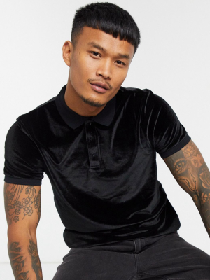 Asos Design Polo Shirt In Velour In Black