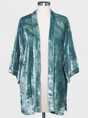 Women's Floral Print Velvet Burnout Kimono Jacket - A New Day™ Navy