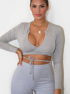 Shape Grey Jersey Tie Front Long Sleeve Crop Top