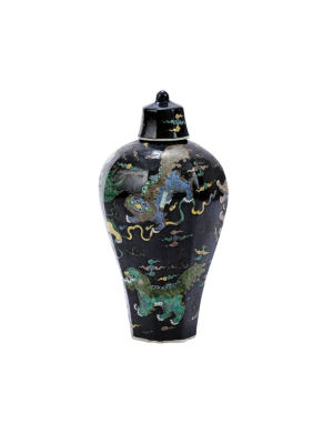 Hex Lidded Prunus Black Vase, Lion Motif