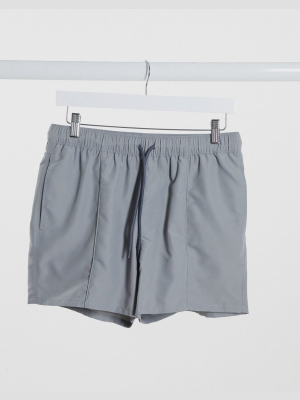 Asos Design Swim Shorts With Pintuck In Gray Short Length